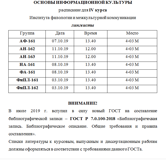 Расписание курса мгу